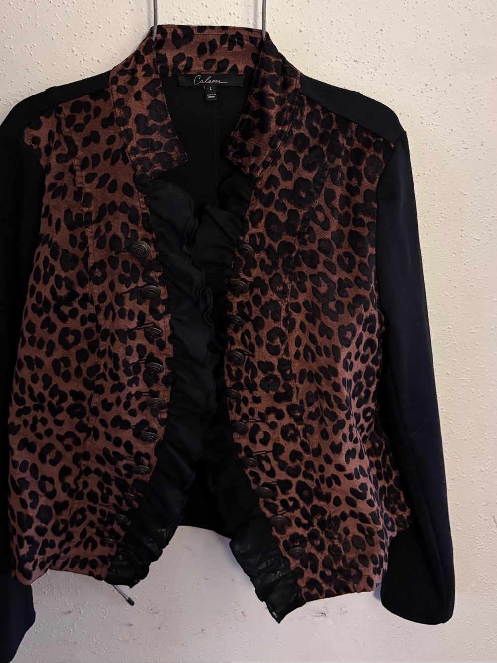CHALOU Leopard-Print Ruffle Front Blazer in Brown and Black